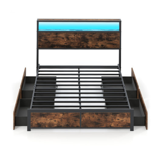 Full/Queen Size LED Bed Frame with Charging Station and 4 Storage Drawers-Full
