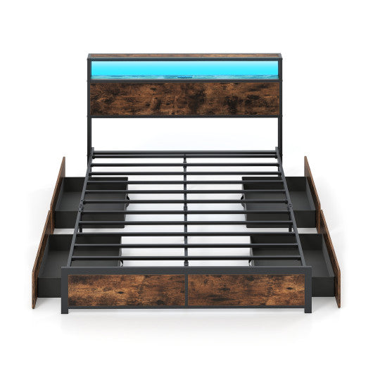 Full/Queen Size LED Bed Frame with Charging Station and 4 Storage Drawers-Queen