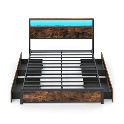Full/Queen Size LED Bed Frame with Charging Station and 4 Storage Drawers-Queen