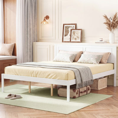 Full/Queen/Twin Size Bed Frame Farmhouse Wooden Platform Bed with Headboard White-Queen Size