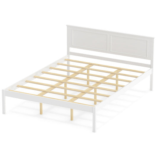 Full/Queen/Twin Size Bed Frame Farmhouse Wooden Platform Bed with Headboard White-Queen Size