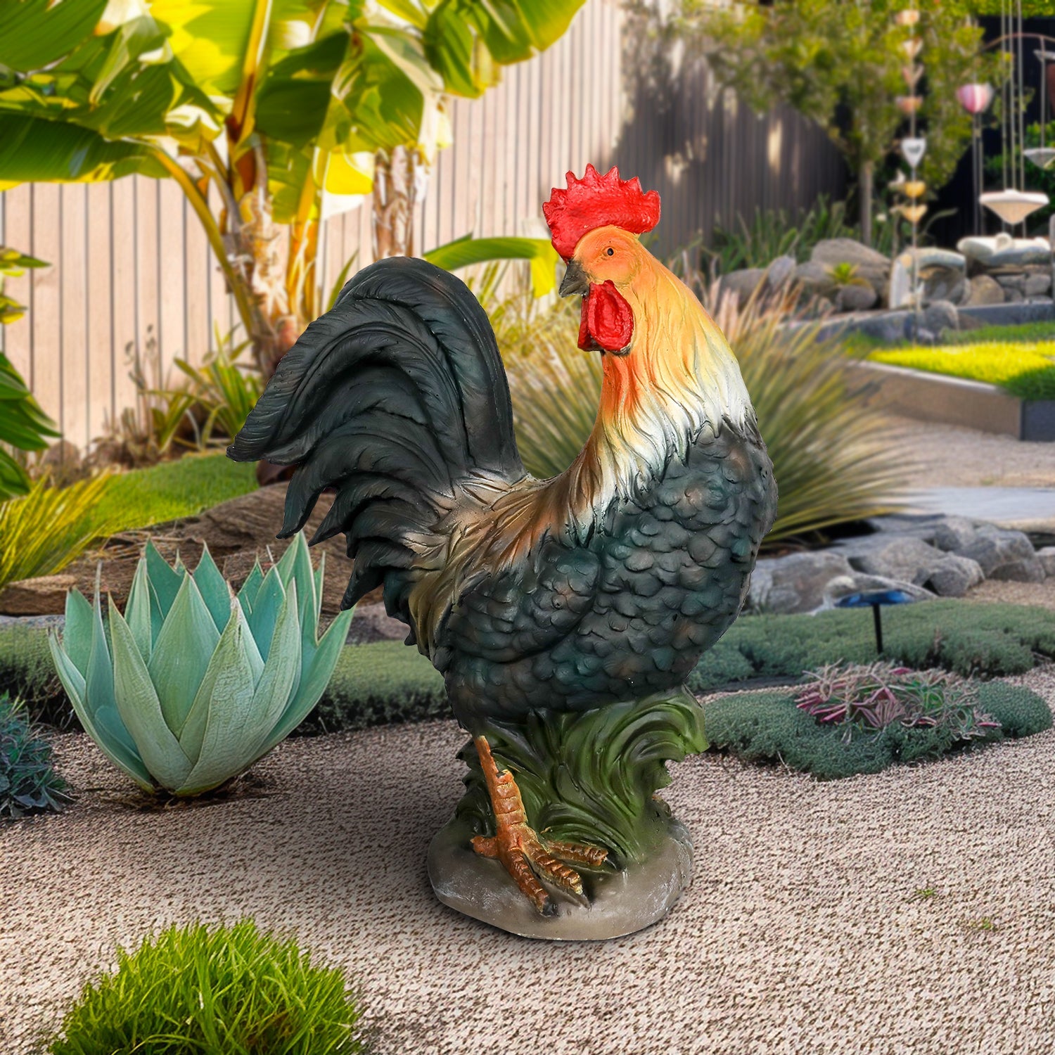 Concrete Rooster Statue Hand Painted Farmhouse 22 In