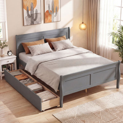 Full Size Bed Frame with 2 Storage Drawers and Footboard for Kids Teens Adults-Gray