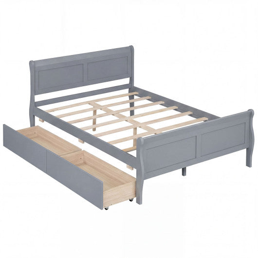 Full Size Bed Frame with 2 Storage Drawers and Footboard for Kids Teens Adults-Gray