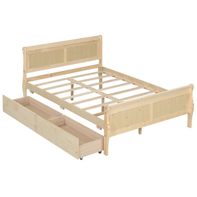 Full Size Bed Frame with 2 Storage Drawers and Footboard for Kids Teens Adults-Natural