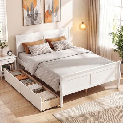 Full Size Bed Frame with 2 Storage Drawers and Footboard for Kids Teens Adults-White