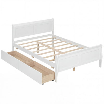 Full Size Bed Frame with 2 Storage Drawers and Footboard for Kids Teens Adults-White