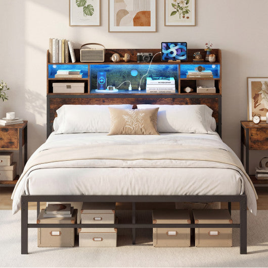 Full Size Bed Frame with Headboard LED Lights and Charging Station-Rustic Brown