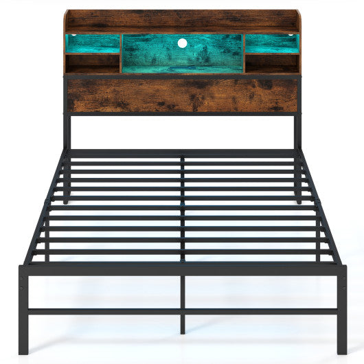 Full Size Bed Frame with Headboard LED Lights and Charging Station-Rustic Brown