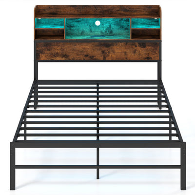 Full Size Bed Frame with Headboard LED Lights and Charging Station-Rustic Brown