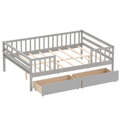 Full Size Daybed with Fence and 2 Drawers for Boys and Girls-Gray