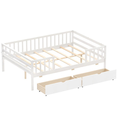 Full Size Daybed with Fence and 2 Drawers for Boys and Girls-White