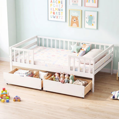 Full Size Daybed with Fence and 2 Drawers for Boys and Girls-White