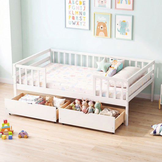 Full Size Daybed with Fence and 2 Drawers for Boys and Girls-White