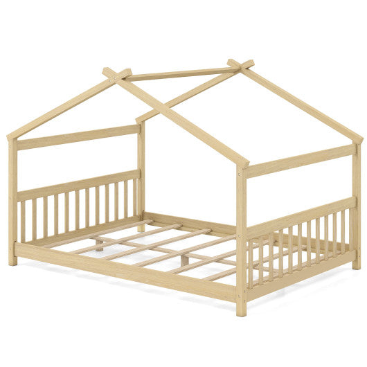 Full Size House Bed Montessori Floor Bed with Headboard-Natural
