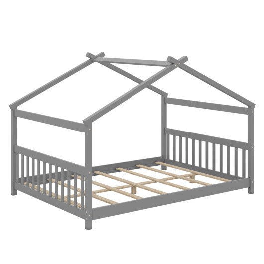 Full Size House Bed Montessori Floor Bed with Headboard-Gray