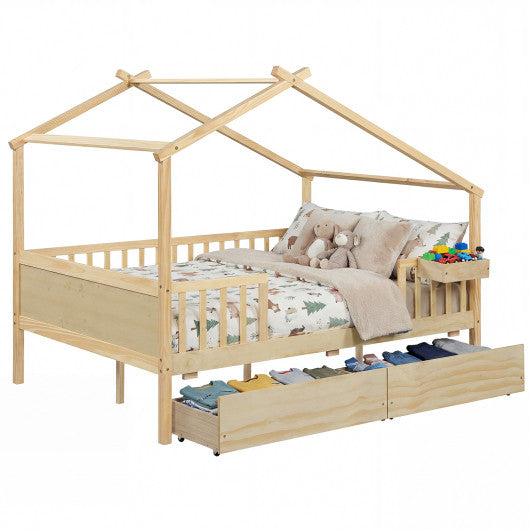 Full Size House Bed with Roof and Fence Rails for Kid-Natural