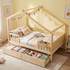 Full Size House Bed with Roof and Fence Rails for Kid-Natural