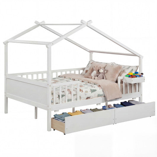 Full Size House Bed with Roof and Fence Rails for Kid-White