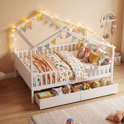 Full Size House Bed with Roof and Fence Rails for Kid-White