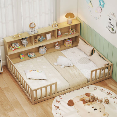 Full Size Montessori Floor Bed with Bookcase-Natural