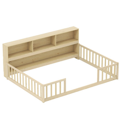 Full Size Montessori Floor Bed with Bookcase-Natural