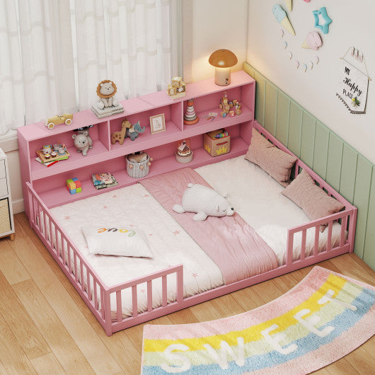 Full Size Montessori Floor Bed with Bookcase-Pink