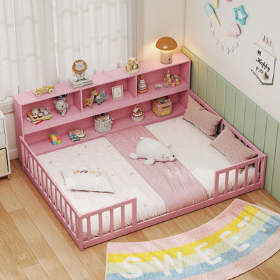 Full Size Montessori Floor Bed with Bookcase-Pink