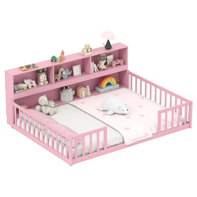 Full Size Montessori Floor Bed with Bookcase-Pink