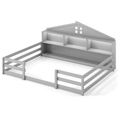 Full Size Montessori Floor Bed with Storage Compartments and Shelf-Gray
