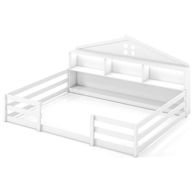 Full Size Montessori Floor Bed with Storage Compartments and Shelf-White