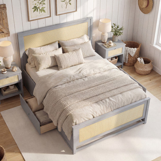 Full Size Rattan Bed Frame with Storage Drawers-Gray