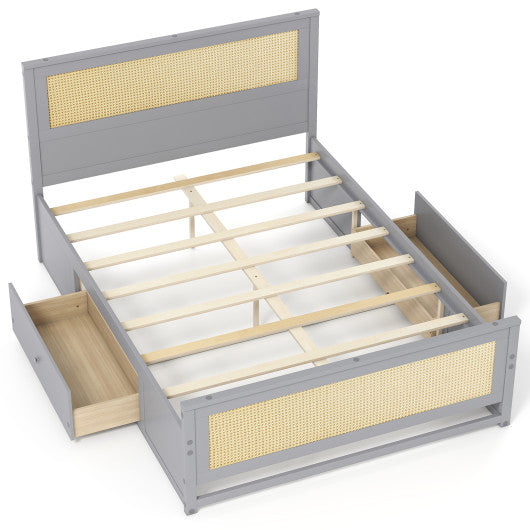 Full Size Rattan Bed Frame with Storage Drawers-Gray