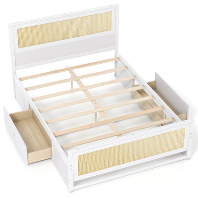 Full Size Rattan Bed Frame with Storage Drawers-White