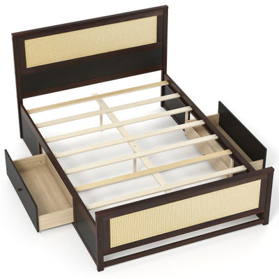 Full Size Rattan Bed Frame with Storage Drawers-Rustic Brown