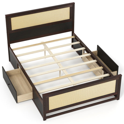 Full Size Rattan Bed Frame with Storage Drawers-Rustic Brown