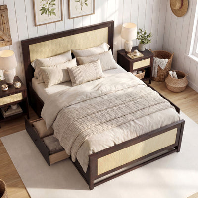 Full Size Rattan Bed Frame with Storage Drawers-Rustic Brown