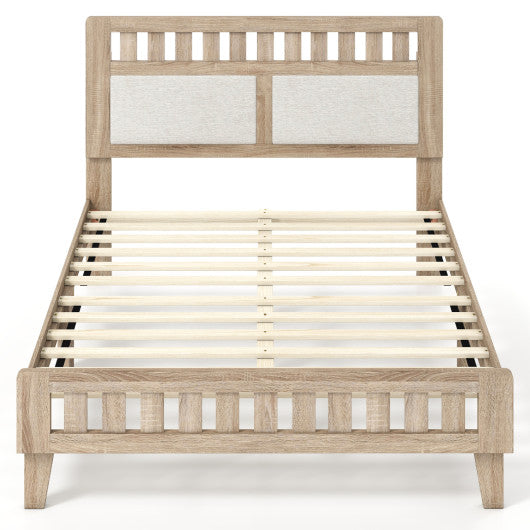 Full Size Wood Bed Frame with Upholstered Headboard Mid Century Style