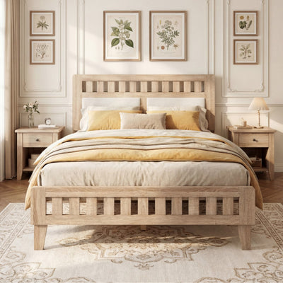 Full Size Wood Bed Frame with Upholstered Headboard Mid Century Style
