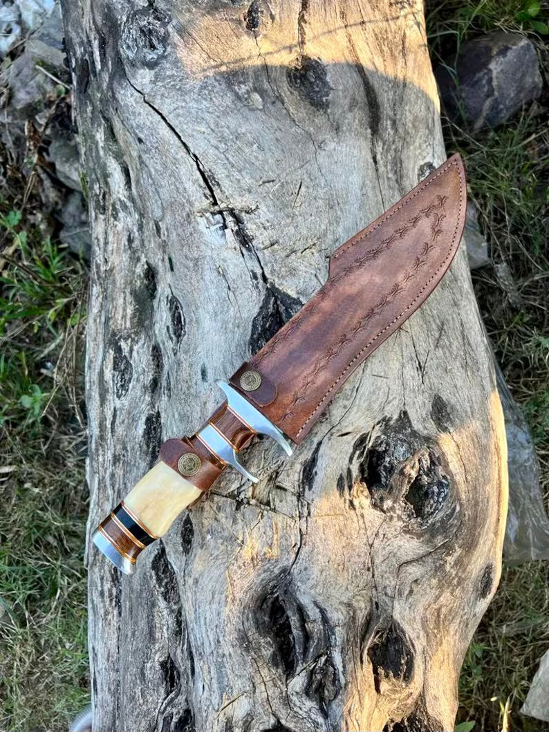 Damascus Steel Sub-Hilt Fighter Bowie Knife 14” – Premium Christmas Gift with Leather Sheath