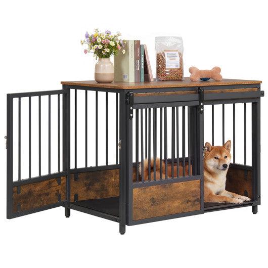 Furniture Style Dog Crate with 2 Doors and Safety Latch and Dog Mat-Rustic Brown