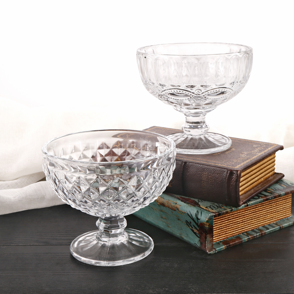 Embossed Glass Dessert Cups with Pedestal Base
