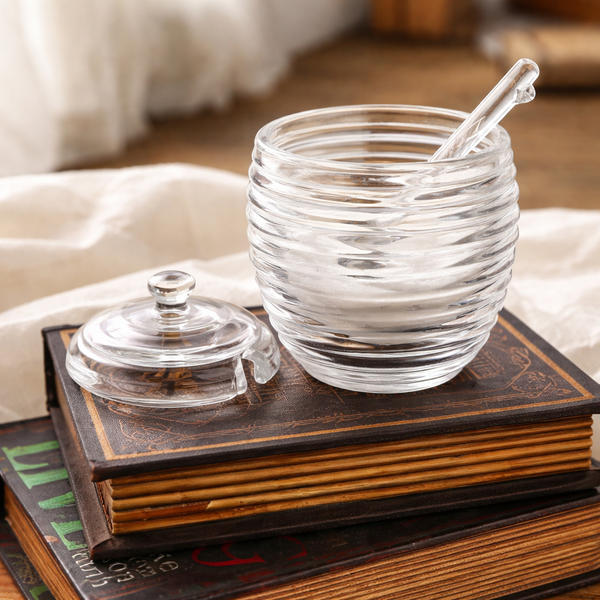 Ribbed Glass Honey Jar with Dipper & Lid