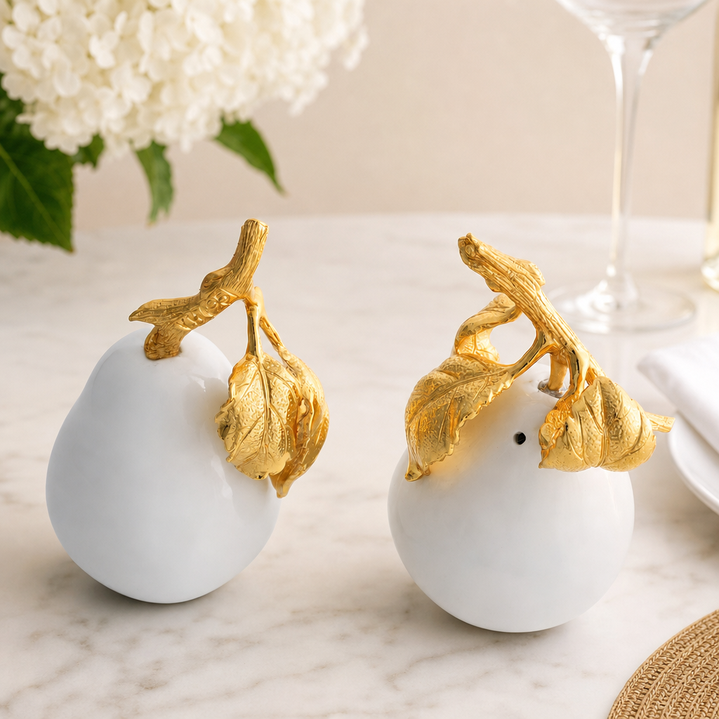 Porcelain Pear Salt and Pepper Shakers with Gold Leaf