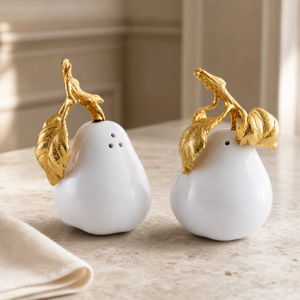 Porcelain Pear Salt and Pepper Shakers with Gold Leaf