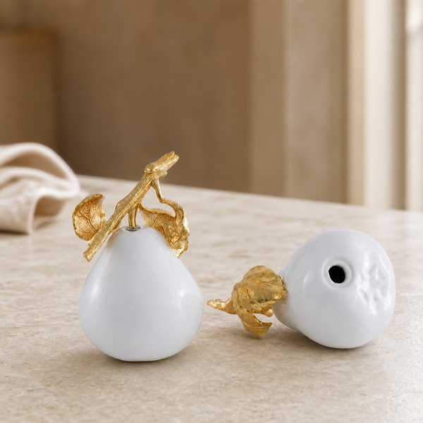 Porcelain Pear Salt and Pepper Shakers with Gold Leaf