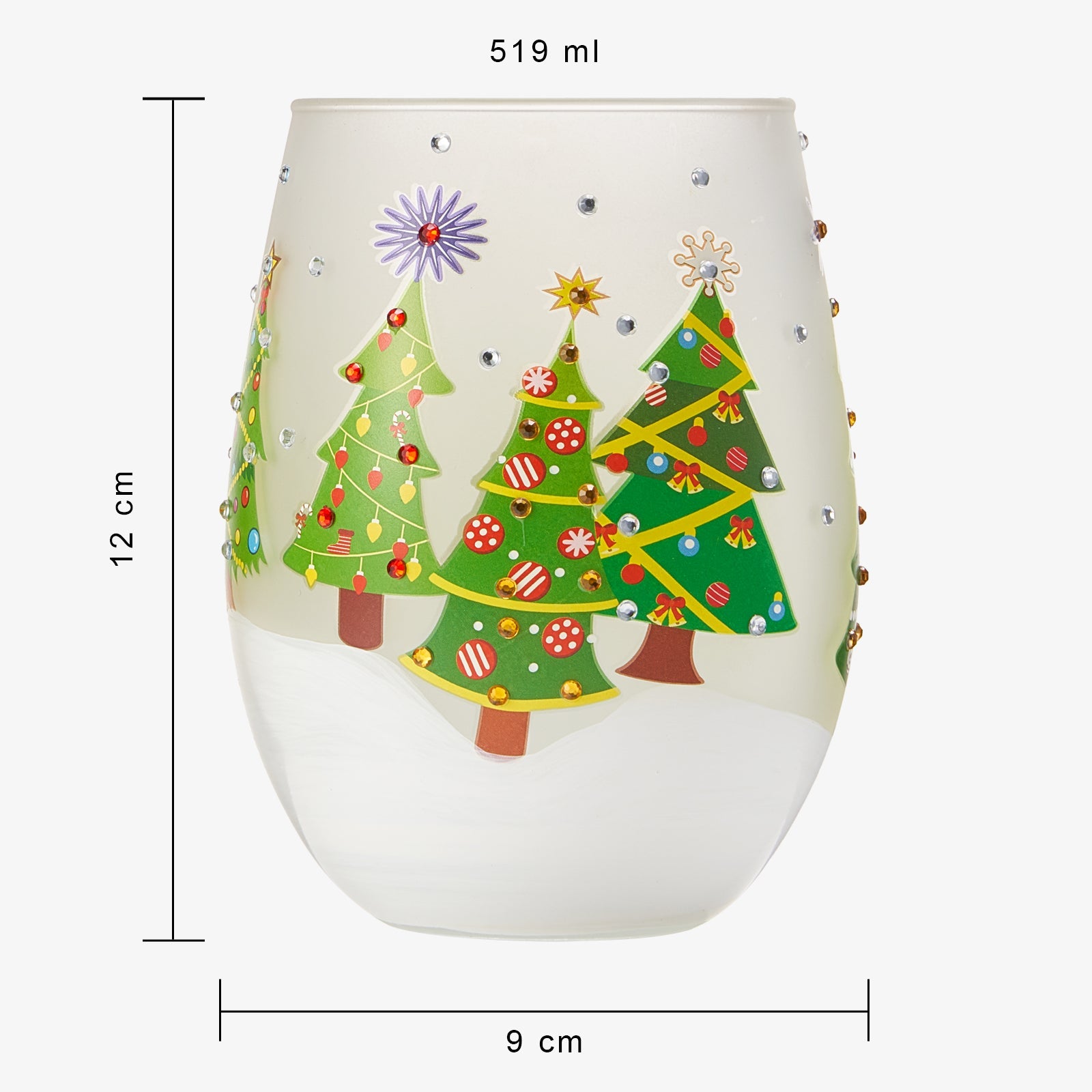 Christmas Tree Holiday Themed Wine & Water Glasses - Set of 2 - Shining Red Green Yellow Silver, Holidays Parties Santa Gifts Glassware - Xmas Trees - 17.5oz - New years Eve Festive Glass - Stemless