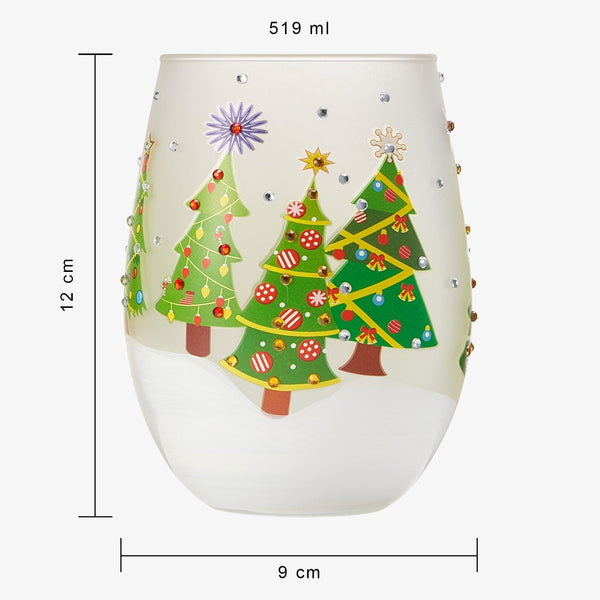 Christmas Tree Holiday Themed Wine & Water Glasses - Set of 2 - Shining Red Green Yellow Silver, Holidays Parties Santa Gifts Glassware - Xmas Trees - 17.5oz - New years Eve Festive Glass - Stemless