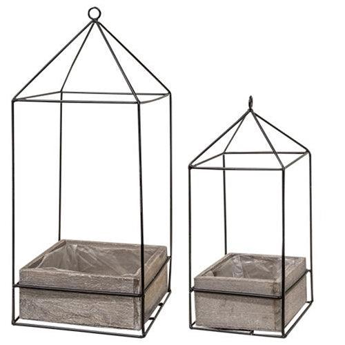 Set of 2 Rustic Wood Plant Holders with Metal Accents