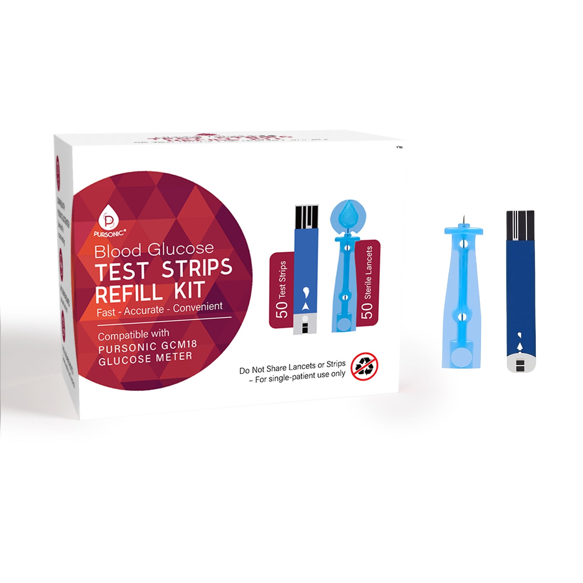 Pursonic Blood Glucose Test Strips Refill Kit – 50 Test Strips + 50 Sterile Lancets